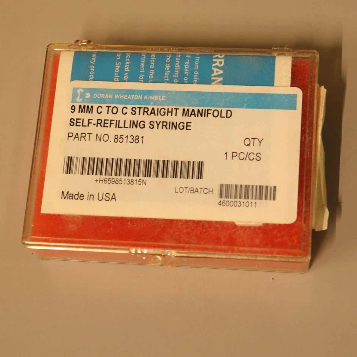 Duran DWK 9MM C To C Straight Manifold Self-Refilling Syringe 851381