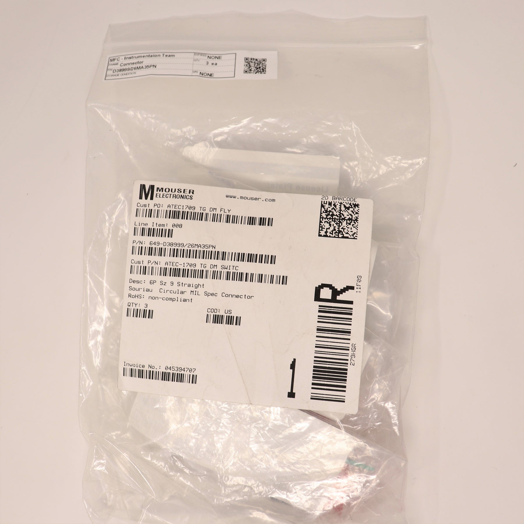 3-Pack Souriau 6 Pin Size 9 Connector D38999/26MA35PN