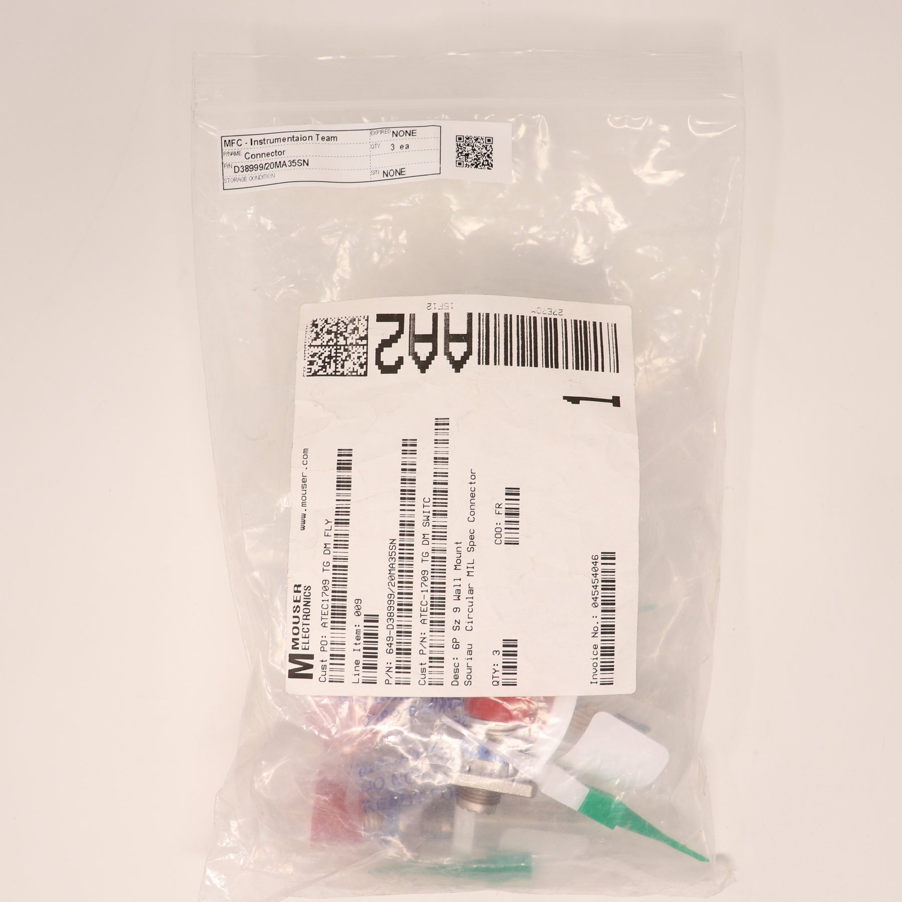 3 Pack Souriau Circular MIL Spec 6P Size 9 Connector D38999/20MA35SN
