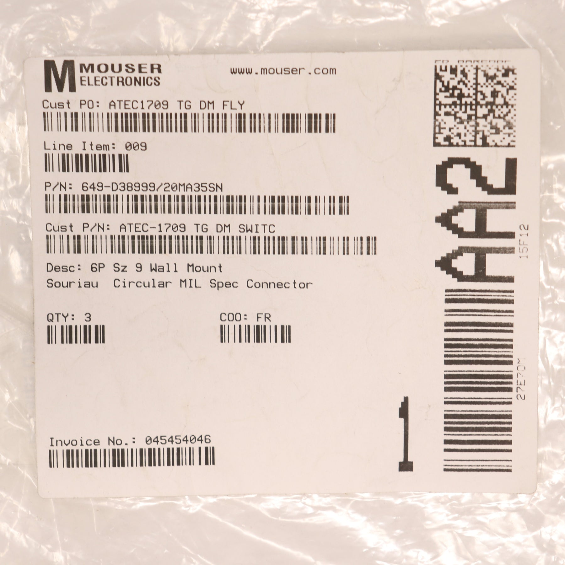3 Pack Souriau Circular MIL Spec 6P Size 9 Connector D38999/20MA35SN
