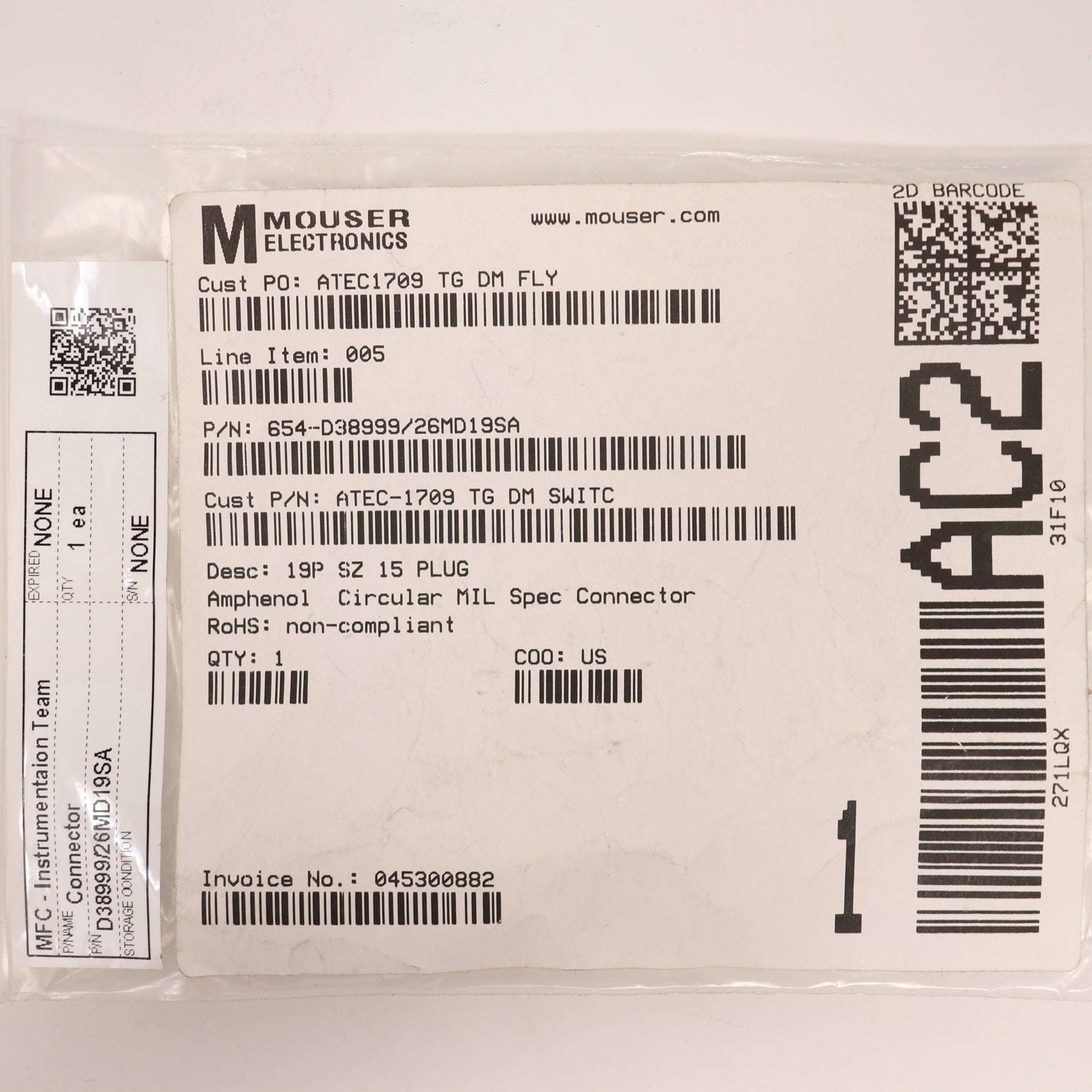 Amphenol Circular Connector Size 15 19P Socket D38999/26MD19SA