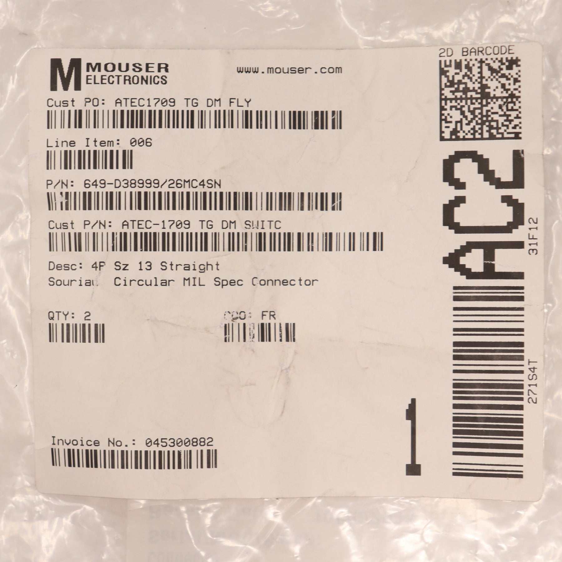 2-Pack Souriau 4 Pin Size 13 Circular Connector D38999/26MC4SN