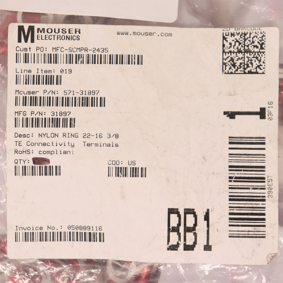 431 Pack TE Connectivity Ring Crimp Terminal 31897