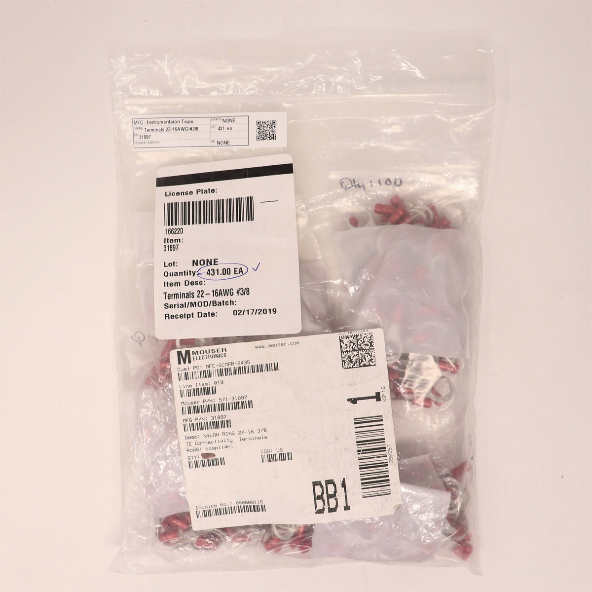 431 Pack TE Connectivity Ring Crimp Terminal 31897
