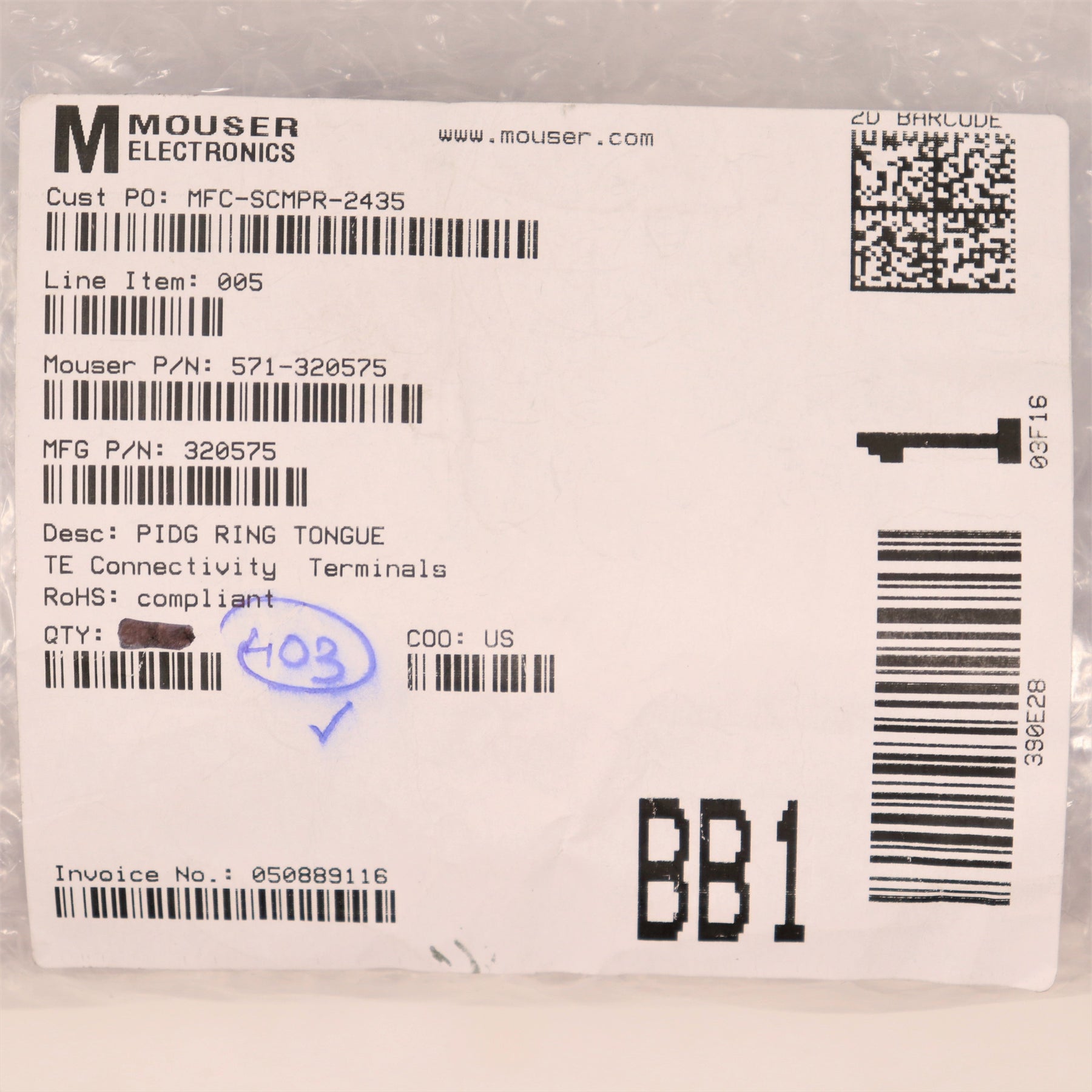 400 pack TE Connectivity PIDG Ring Tongue Terminal, 16-14 AWG, #5/16 320575