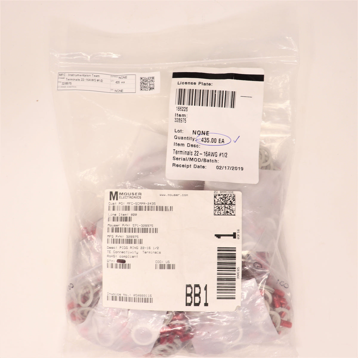 435 Pack TE Connectivity Ring Crimp Terminal 328975