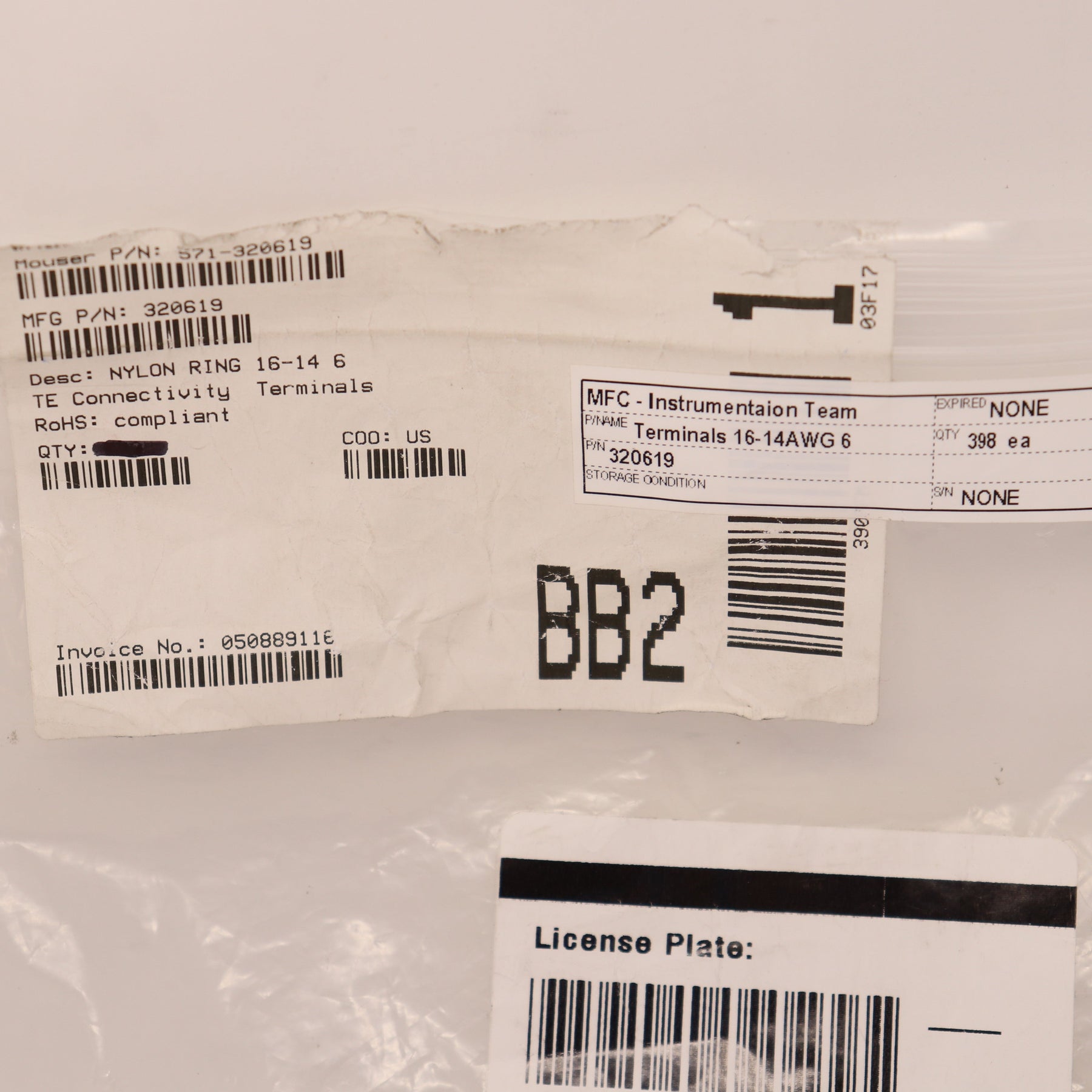 398 Pack TE Connectivity PIDGE Ring Tongue Terminal, 16-14 AWG, #6 320619