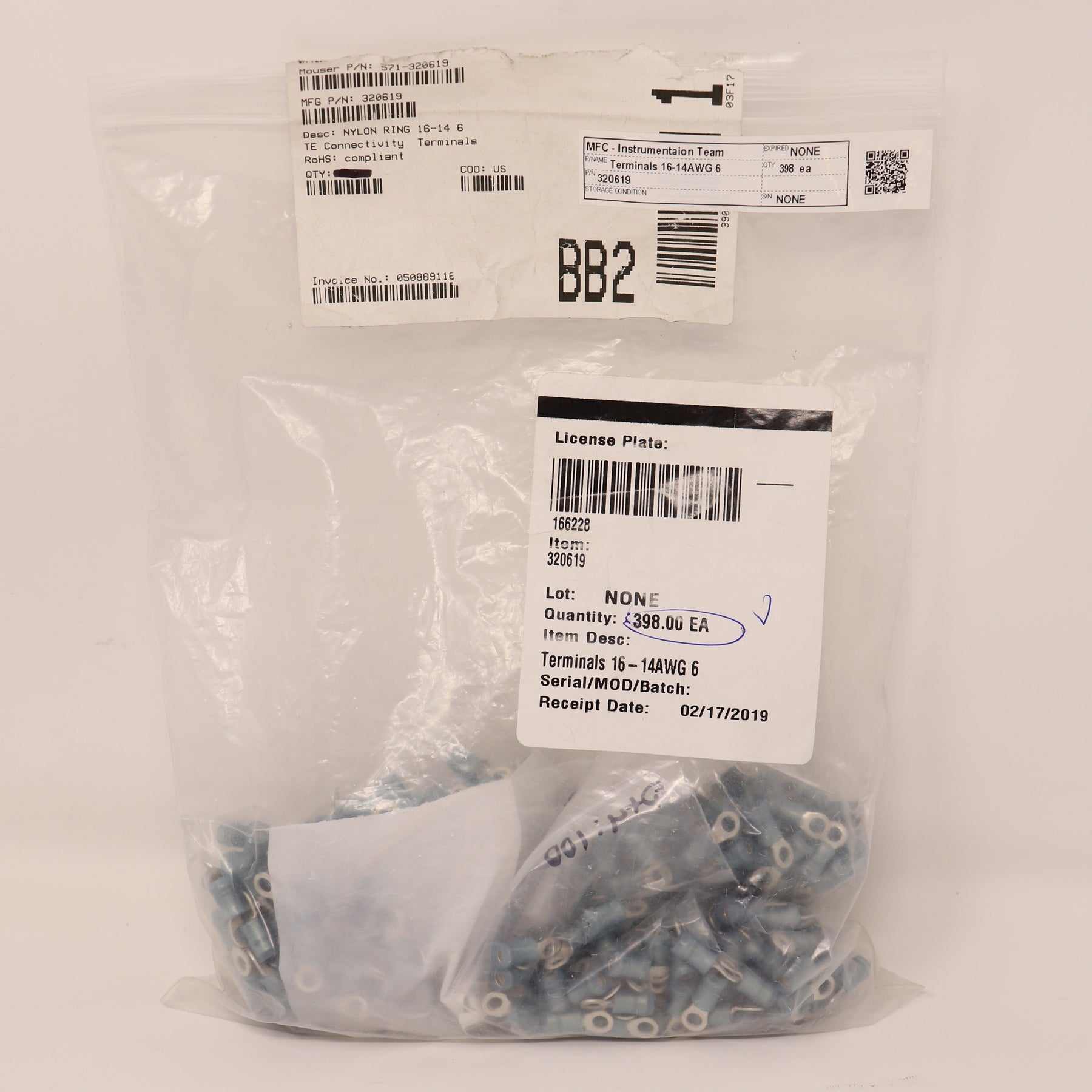 398 Pack TE Connectivity PIDGE Ring Tongue Terminal, 16-14 AWG, #6 320619