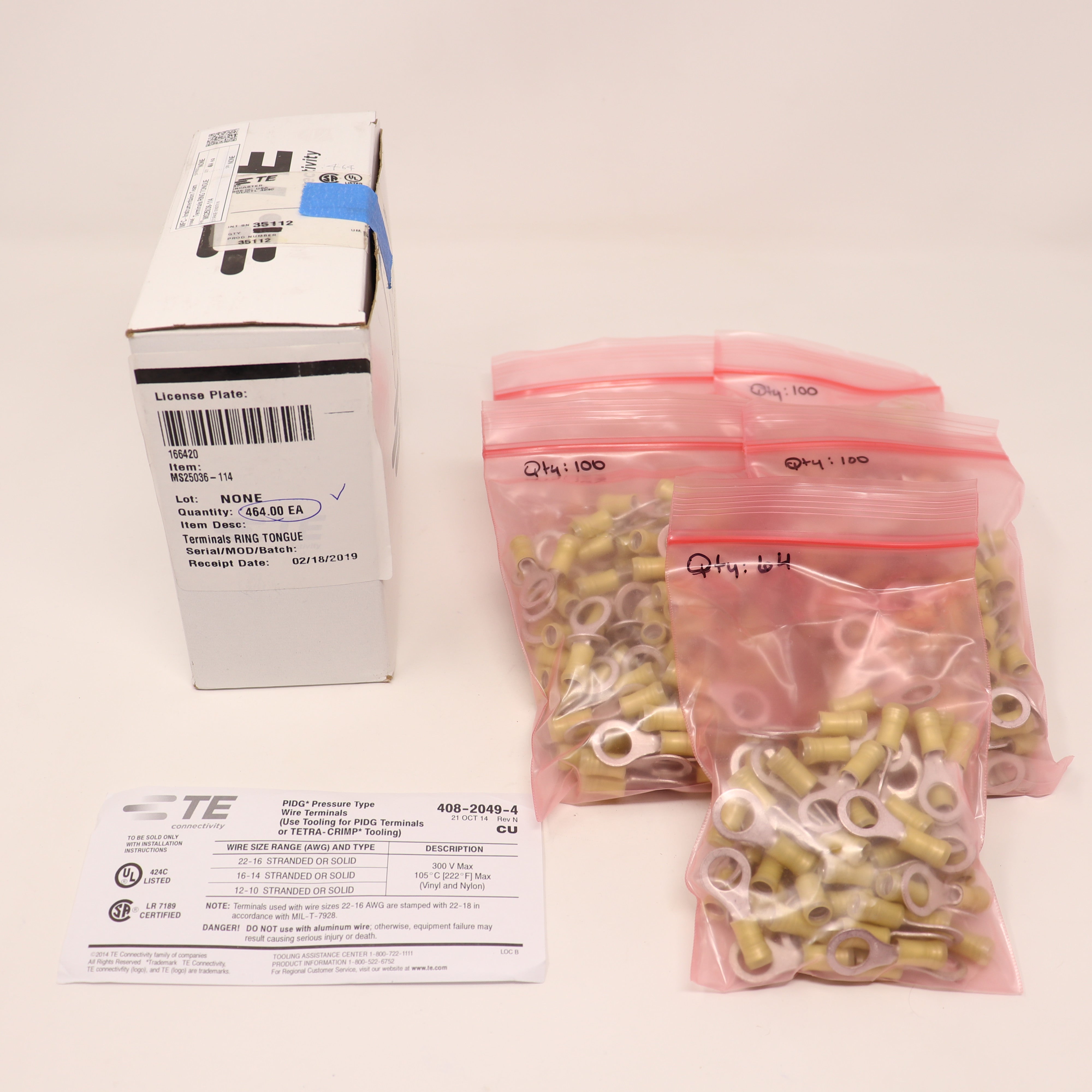 TE Connectivity PIDG Ring Tongue Terminal, 1210 AWG 3/8, MS25036114