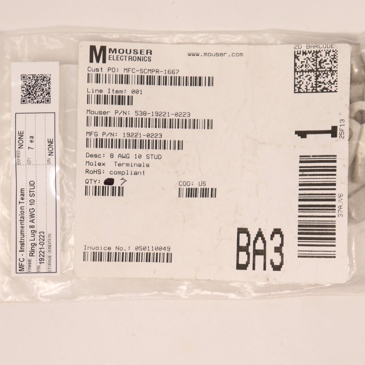 7 Pack 8 AWG Size 10 (M5) Molex Terminal 19221-0223