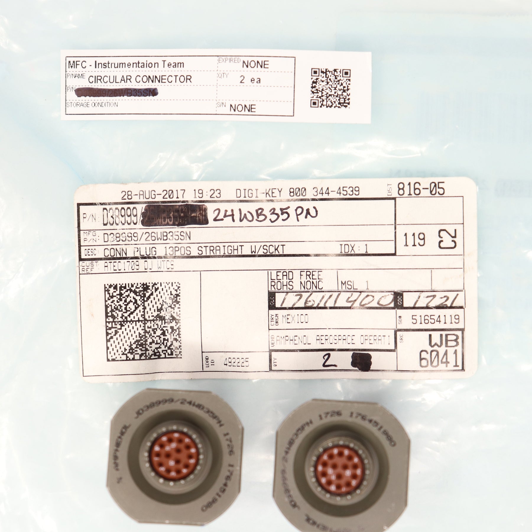 2 Pack Amphenol 13 Pin Size 11 Circular Connector D38999/24WB35PN