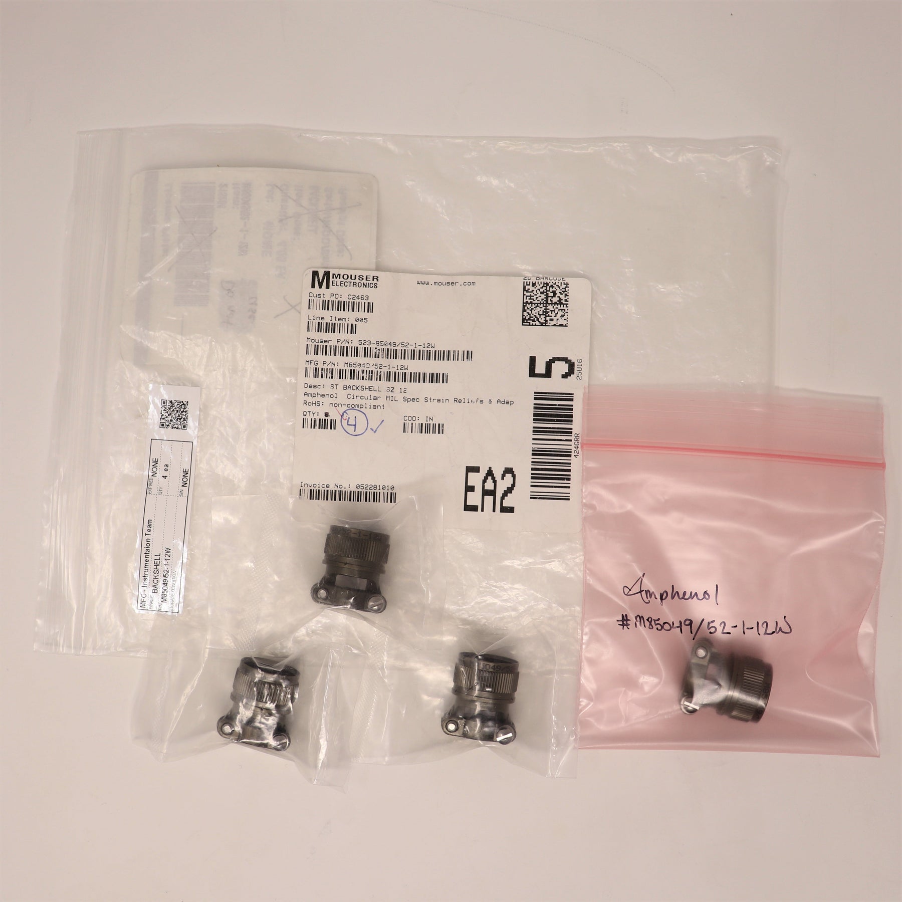 (4) Pack Amphenol Circular Mil-Spec Strain Relief Backshell 85049/52-1-12W