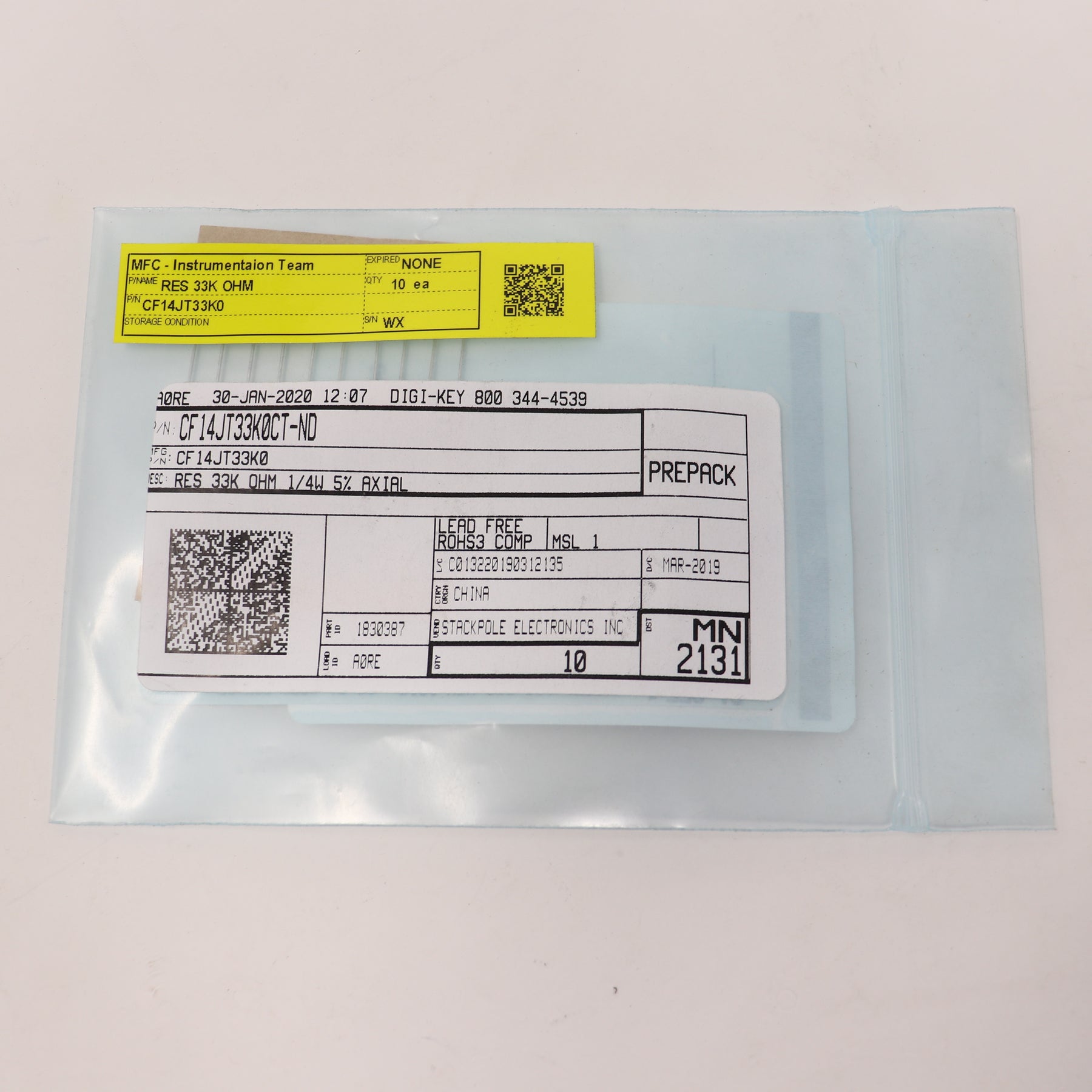 (5) Pack Stackpole 33kOHM 1/4W 5% Axial Resistors CF14JT33K0