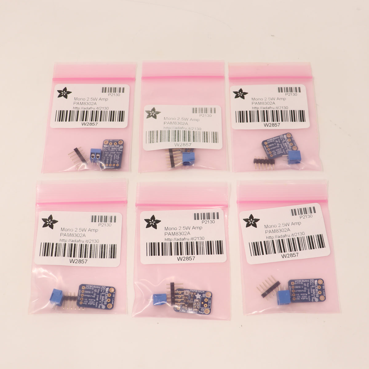 (6) Adafruit PAM8302A Mono 2.5W Class D Audio Amplifier Board