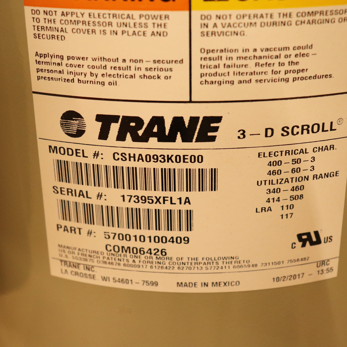 Trane Compressor 9 Ton 400/50/3 460/60/3 CSHA093K0E00 3-D Scroll