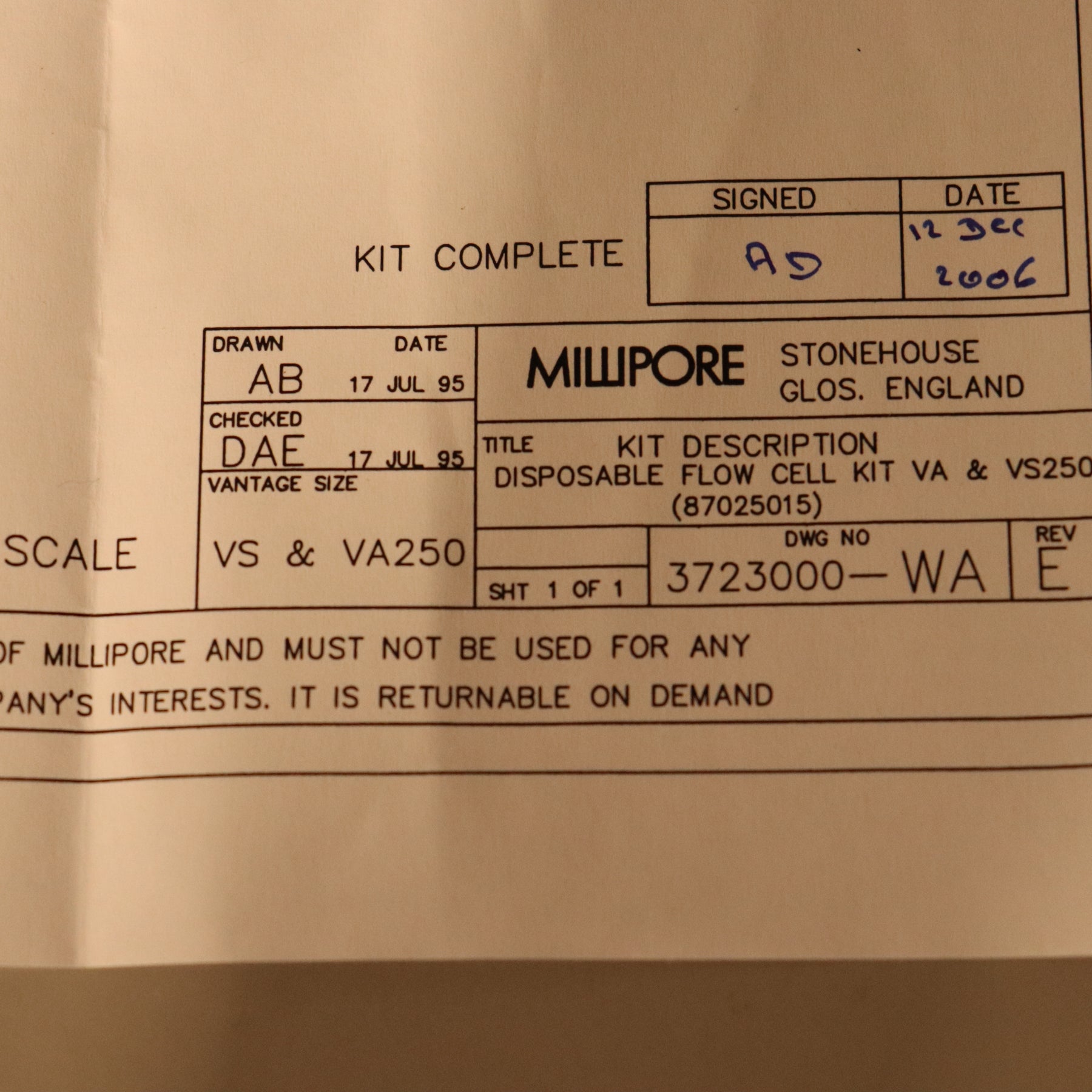 MIllipore Vantage S2 & A2 Flow Cell Kit V250 87025015