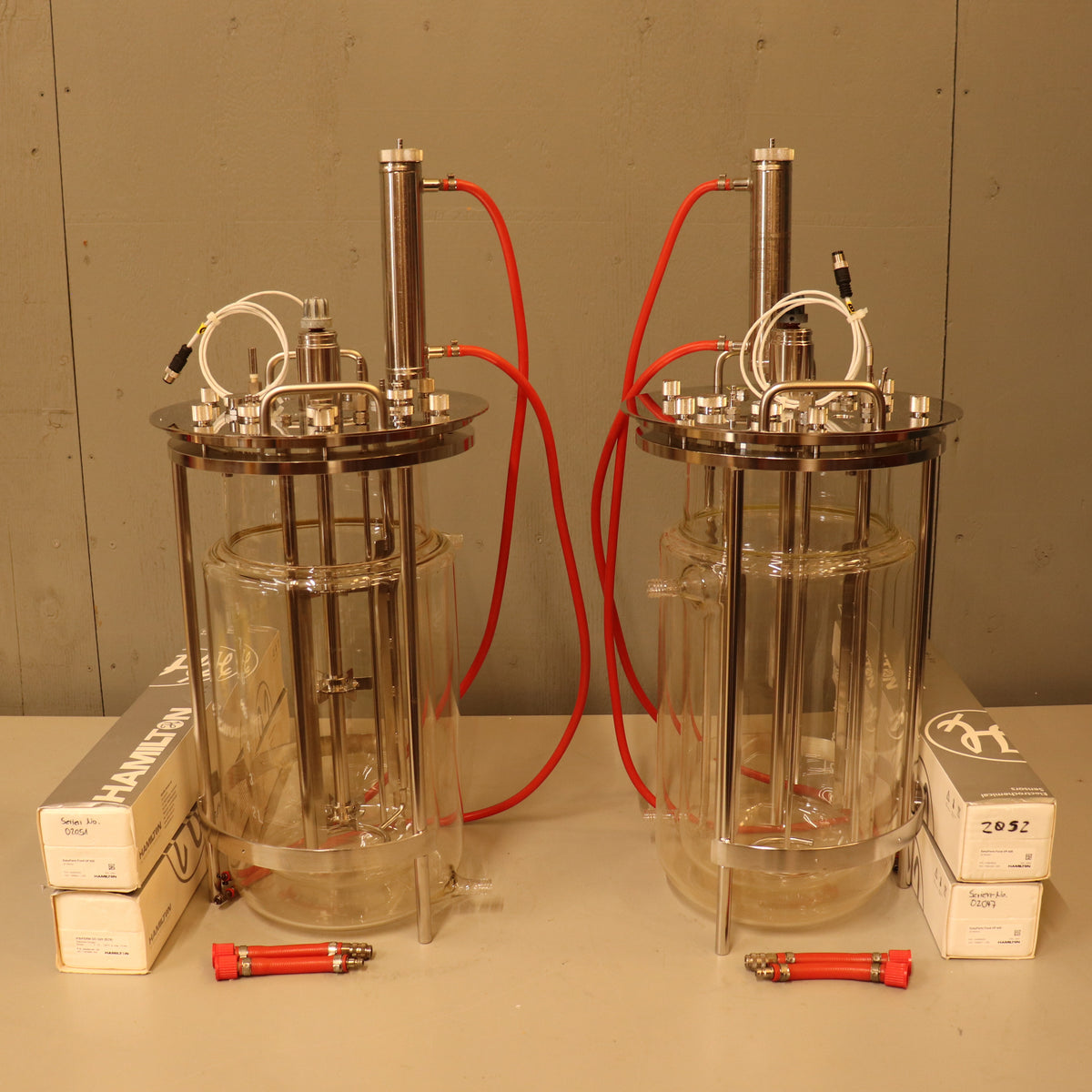 Lot of (2) Sartorius Stedim 10L Jacketed Double Wall Glass Bioreactor Fermenter Vessels