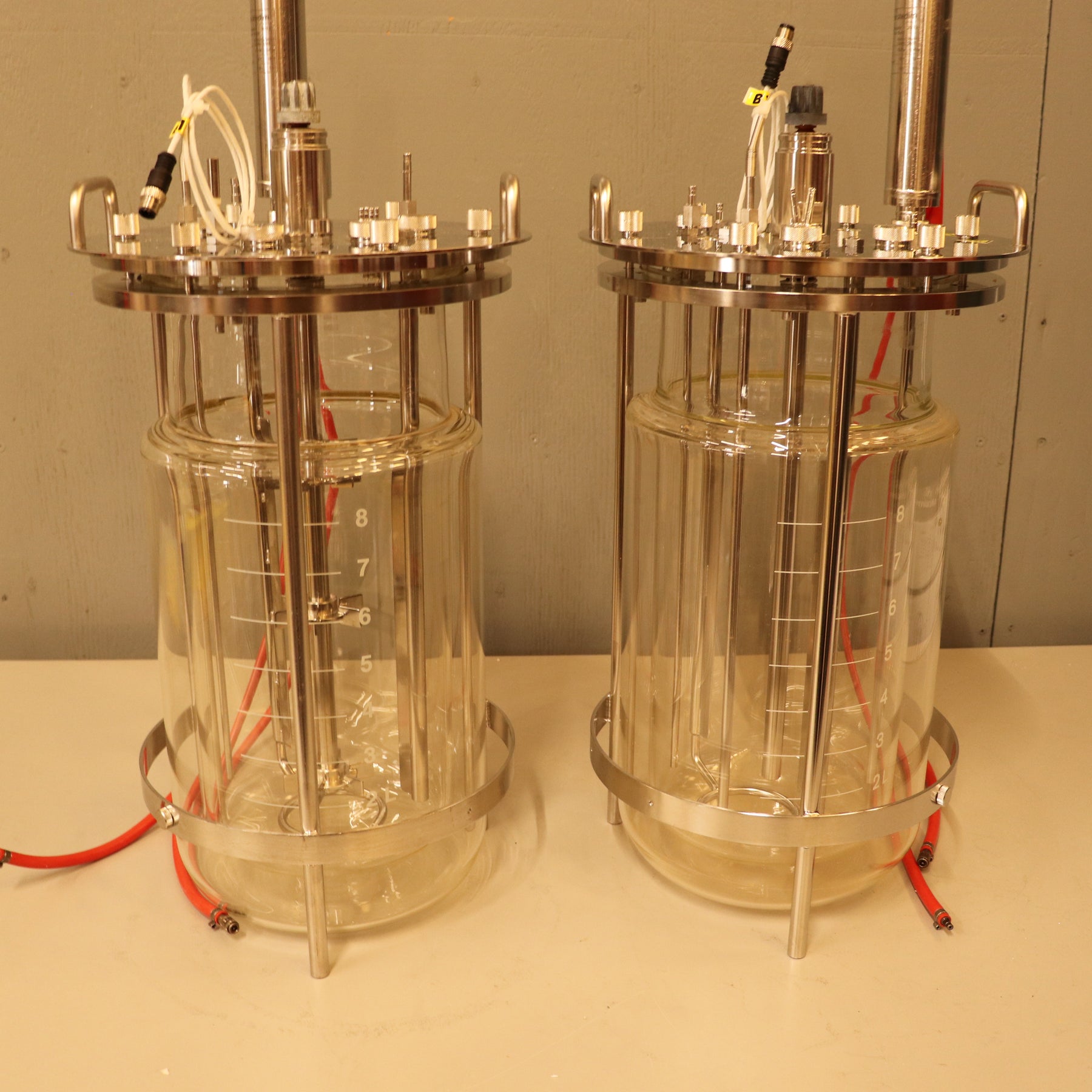 Lot of (2) Sartorius Stedim 10L Jacketed Double Wall Glass Bioreactor Fermenter Vessels