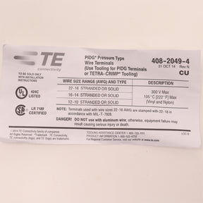 400 Pack TE Connectivity PIDG Ring Tongue Terminal, 12-10 AWG #10, MS25036-112