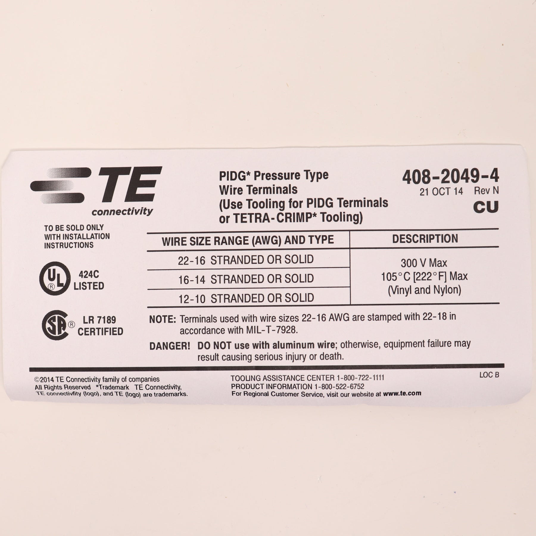310 Pack TE Connectivity PIDG Ring Tongue Terminal, 10-10 AWG #8, MS25036-156