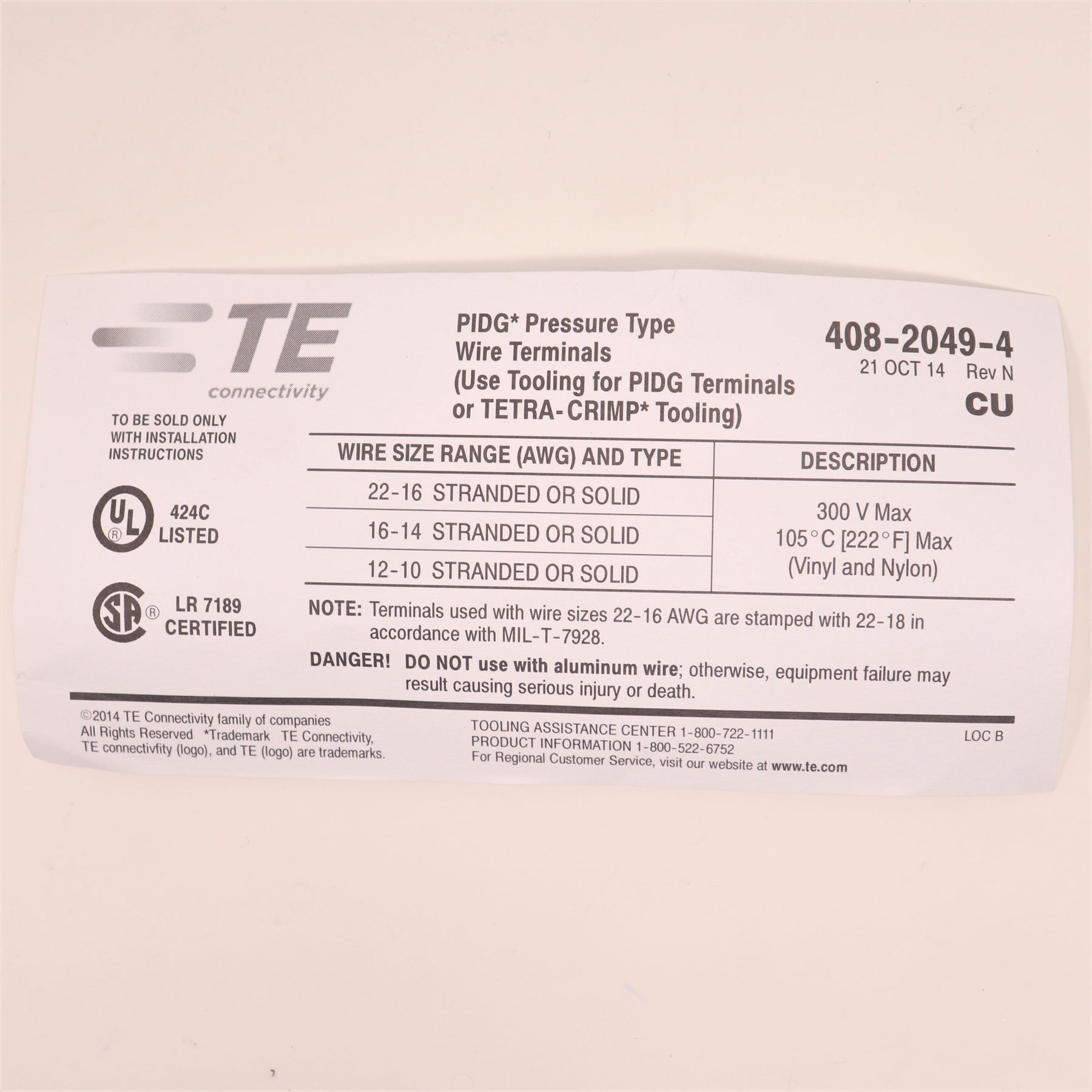 462 Pack TE Connectivity PIDG Terminal, 12-10 AWG #1/4 MS25036-157
