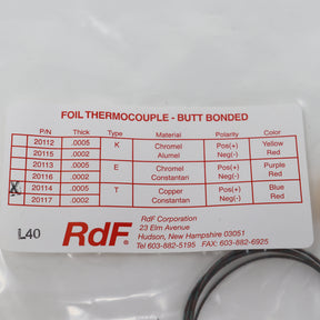 RDF Corp Fast Response Type T Laminated Foil Thermocouple - Butt Bonded 20114
