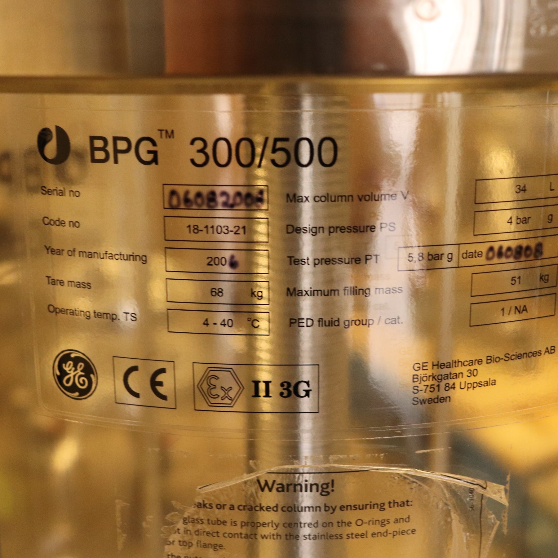 Lot of (3) Cytiva GE BPG Glass Chromatography Column 34L 300/500